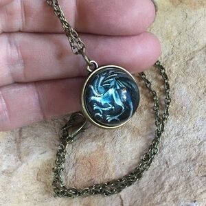 Three headed dragon glass dome necklace NWT